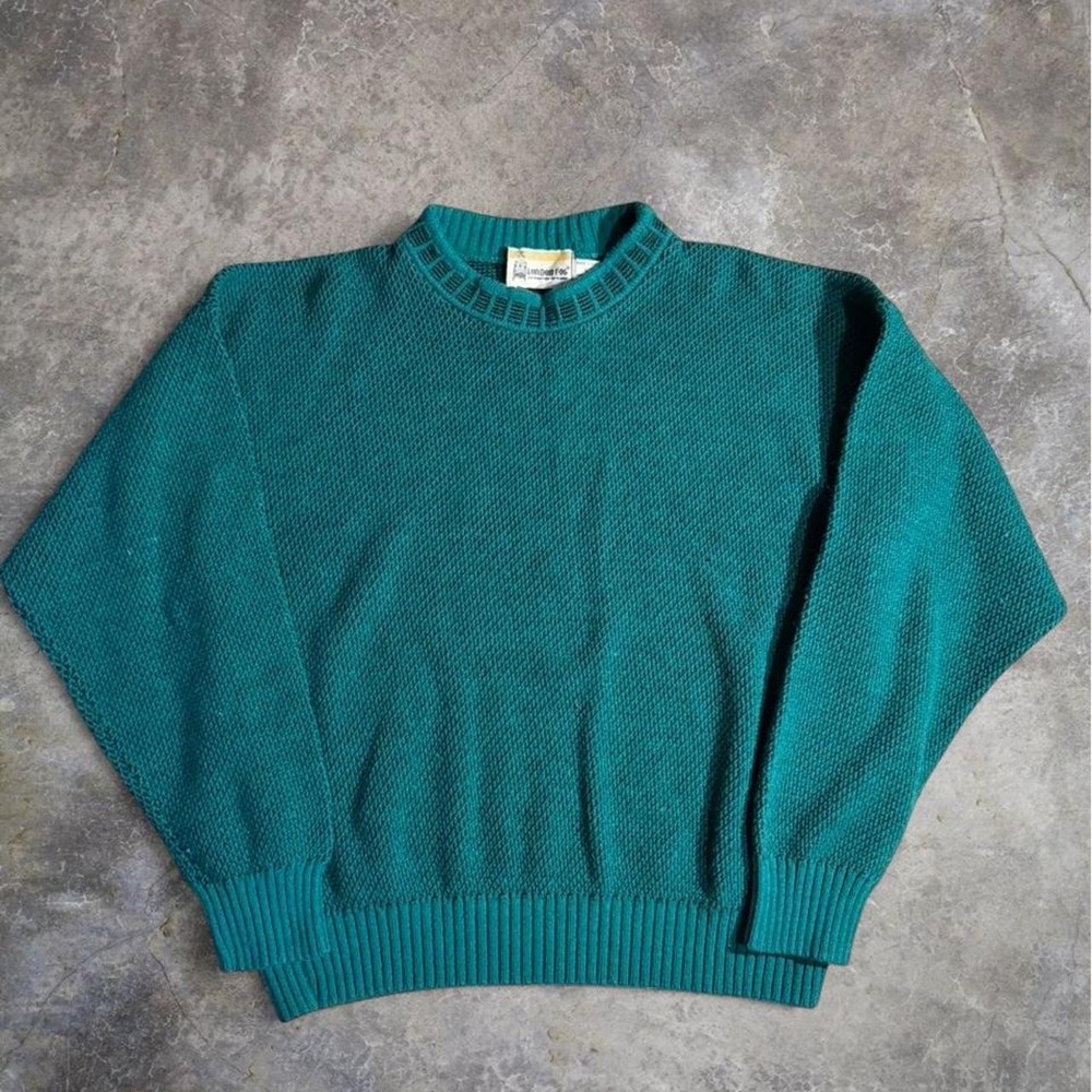 Vintage London Fog Textured Knit Sweater Made In USA Teal Green Crewneck Size L